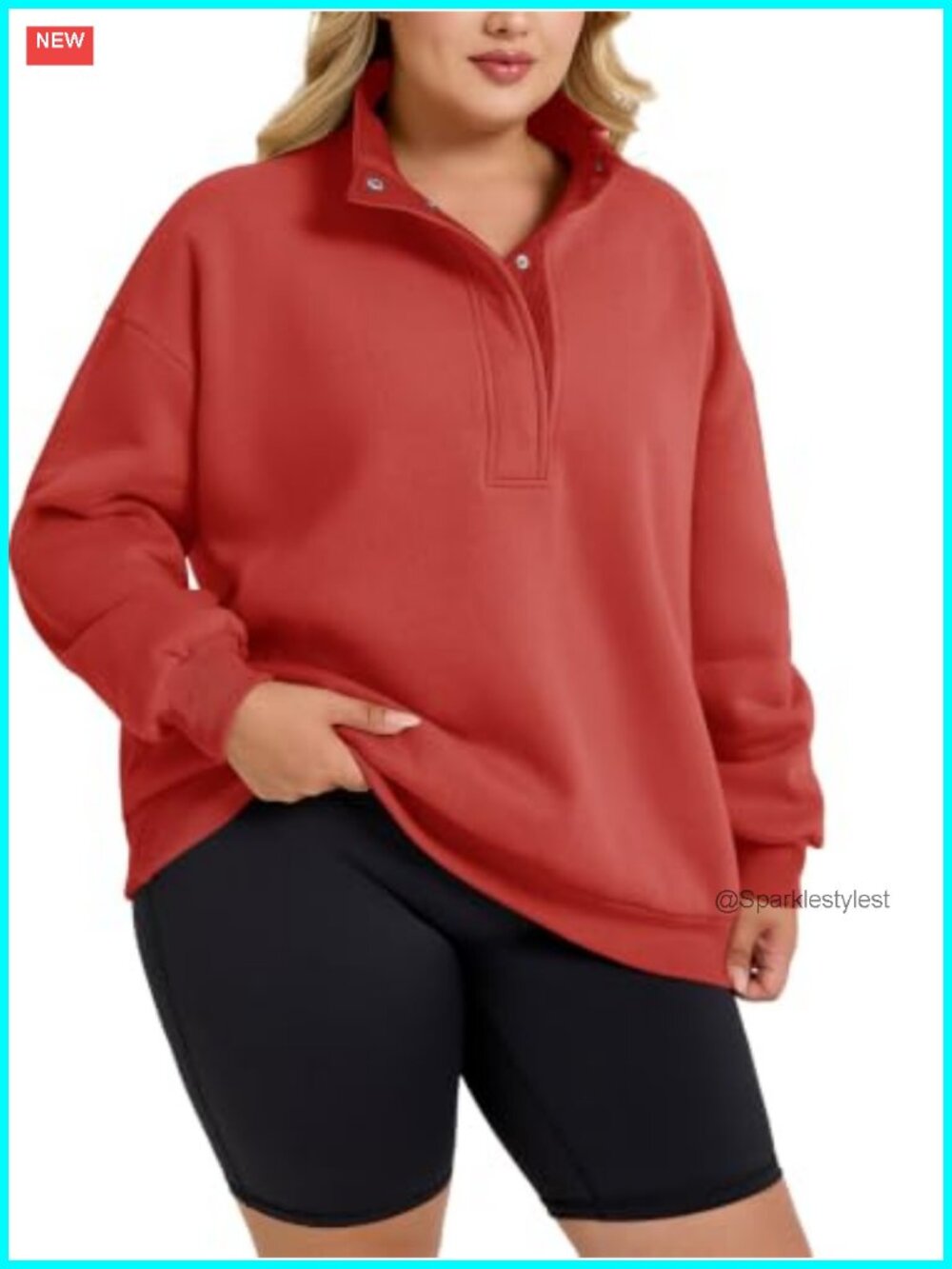 Plus Size Henley Sweatshirt Mock Neck Snap Collar Pullover
